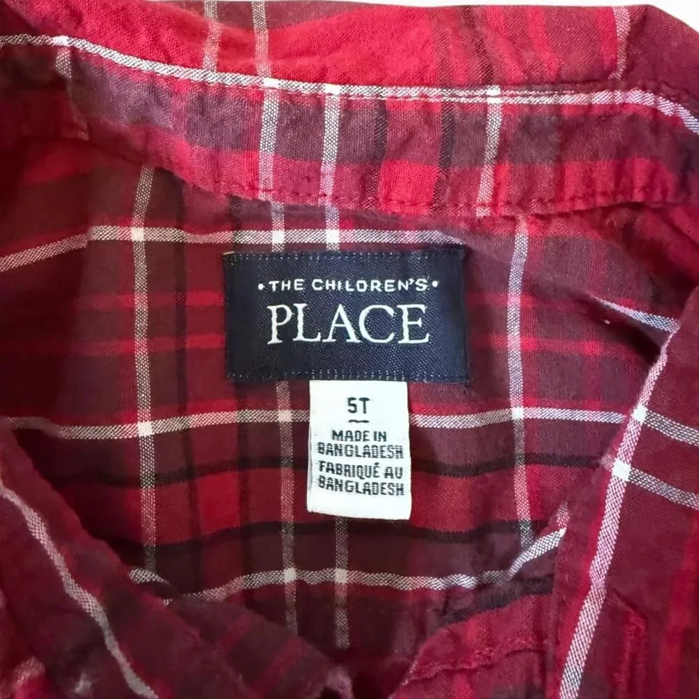 The Children’s Place Boys Red Plaid Button Down Shirt Size 5T 100% Cotton